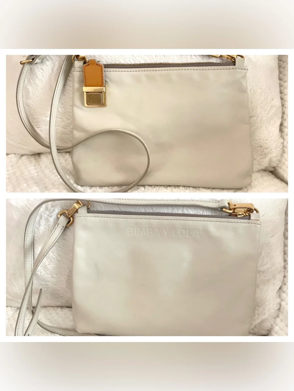Bimba Y Lola Leather Adjustable Crossbody Stonewhite Goldtone Hardware Zip 7x10